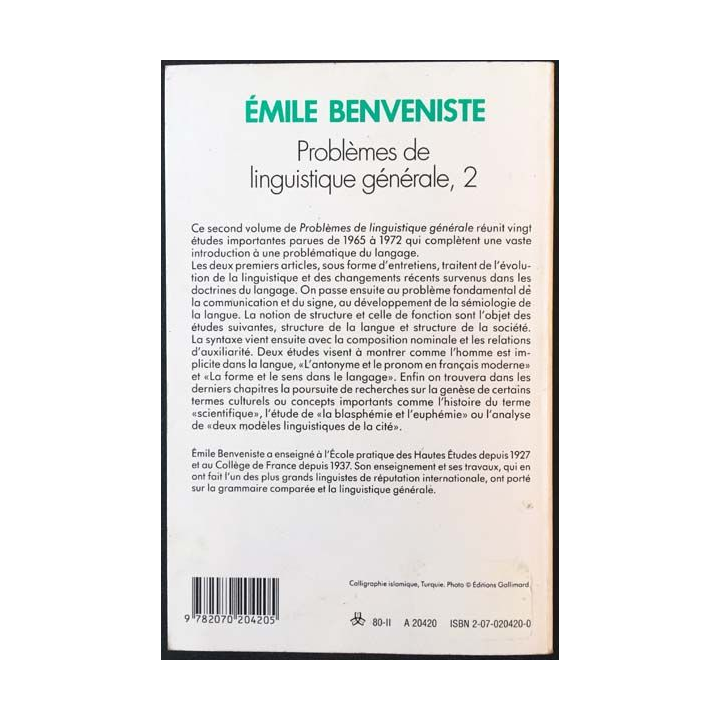 1. Problèmes de linguistique générale, 2 de Benveniste aux éditions Gallimard