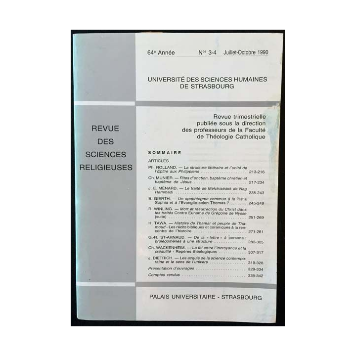 1. Revue des sciences religieuses 64e année Juillet-Octobre 1990 aux éditions Palais universitaire