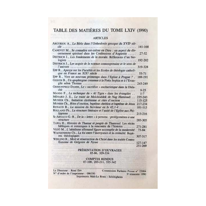 1. Revue des sciences religieuses 64e année Juillet-Octobre 1990 aux éditions Palais universitaire