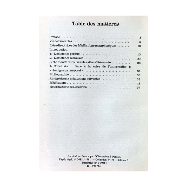 1. Descartes méditations métaphysiques présentation des textes par Jean-Paul Marty aux éditions Hachette (C11)
