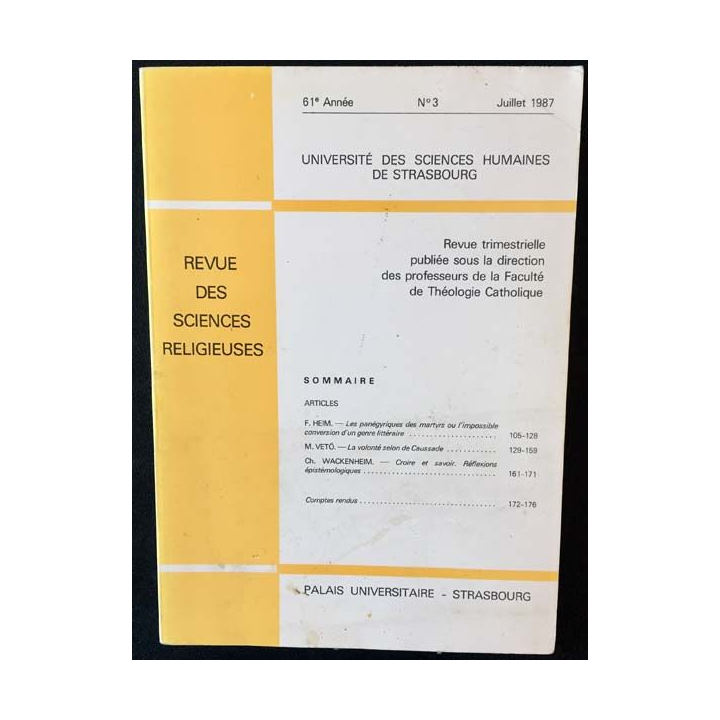 1. Revue des sciences religieuses 61e année n°3 Juillet 1987 aux éditions Palais universitaire