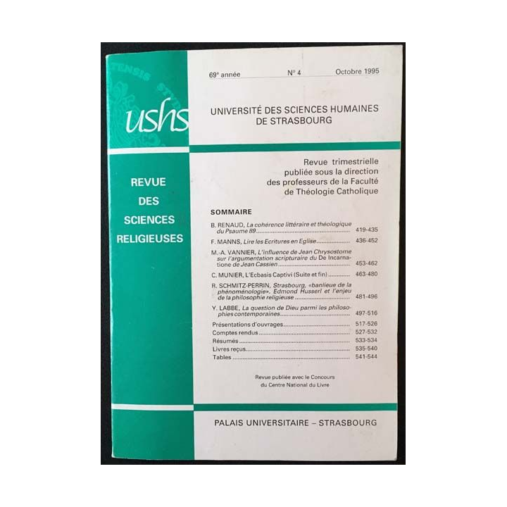 1. Revue des sciences religieuses 69e année n°4 Octobre 1995 aux éditions Palais universitaire