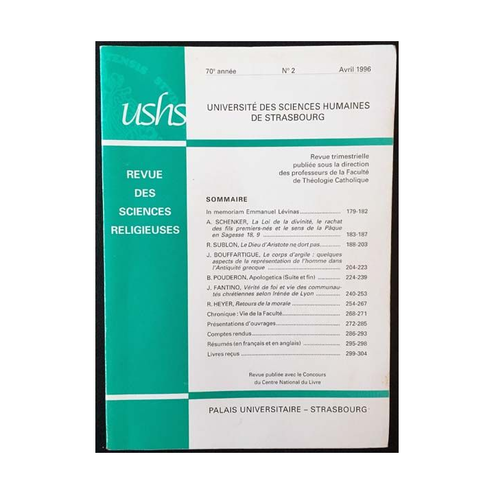 1. Revue des sciences religieuses 70e année n2 Avril 1996 aux éditions Palais universitaire