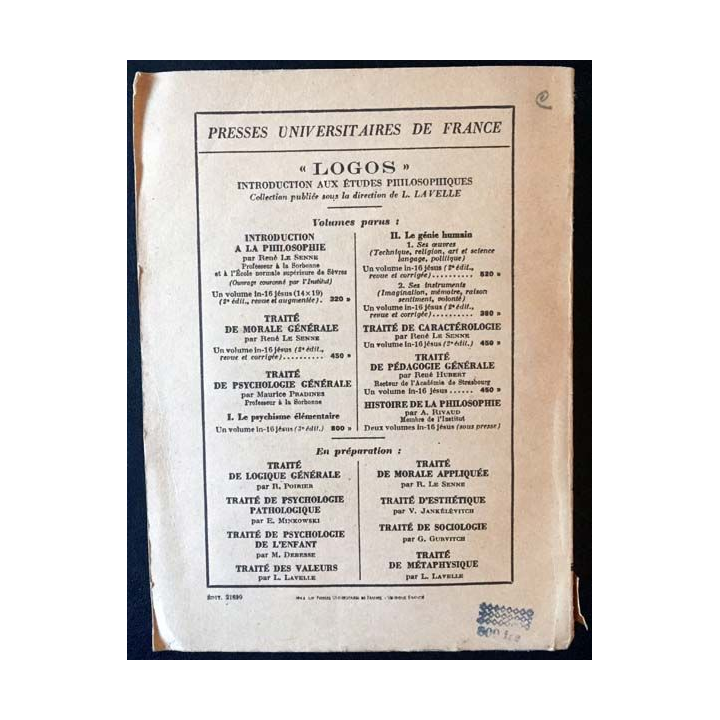 1. Traité de Psychologie générale I- Le psychisme élémentaire de Maurice Pradines