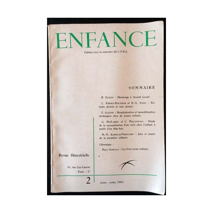1. Enfance -2  Mai Avril 1962 publiée avec le concours du C.N.R.S