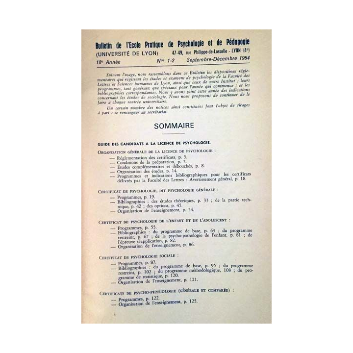 1. Bulletin de l'école pratique de psychologie et de pédagogie aux Université de Lyon