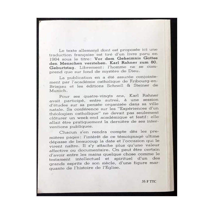 1. Expériences d'un théologien catholique de Karl Rahner aux éditions Cariscript