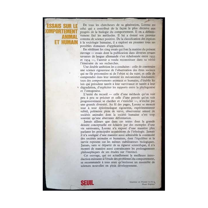 1. Essais sur le comportement animal et humain et Konrad Lorenz aux éditions du Seuil