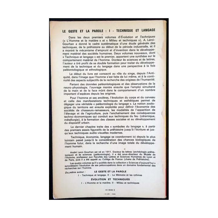 1. Le geste et la parole - Technique et language Tome I de André Leroi-Gourhan aux éditions Albin Michel