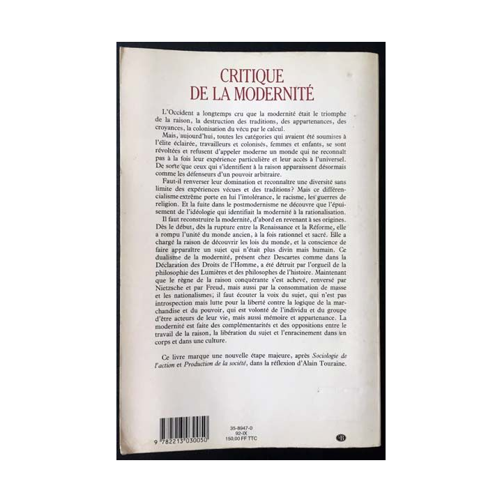 1. Critique de la modernité de Alain Touraine aux éditions Fayard