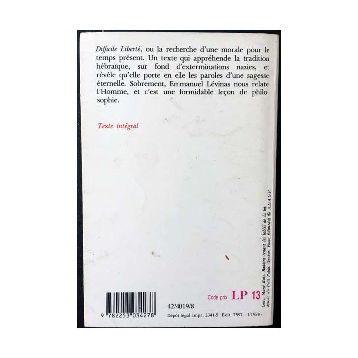 1. Difficile liberté de Emmanuel Lévinas aux éditions Albin michel