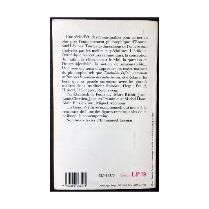 1. Cahier de l'herne de Emmanuel Lévinas aux éditions de L'herne 1991