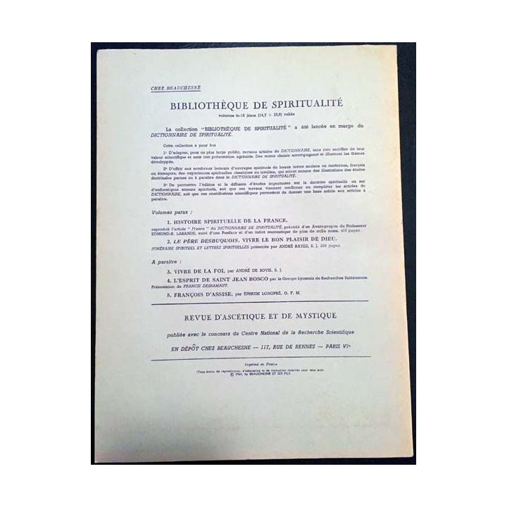 1. Dictionnaire de spiritualité ascétique et mystique Doctrine et Histoire FASCICULES XXXVII-XXXVIII François Fyot