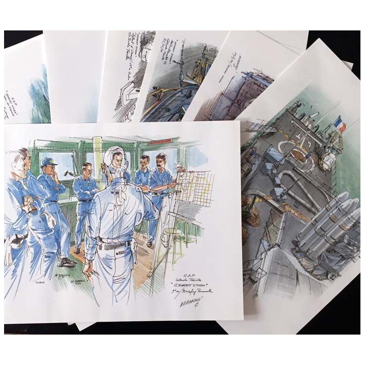 1. Croquis de la guerre du Golfe d'un peintre de la Marine en mission à bord des bâtiments de la Marine Nationale