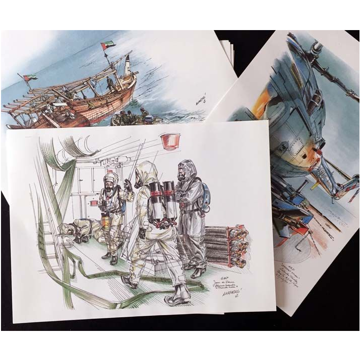 1. Croquis de la guerre du Golfe d'un peintre de la Marine en mission à bord des bâtiments de la Marine Nationale