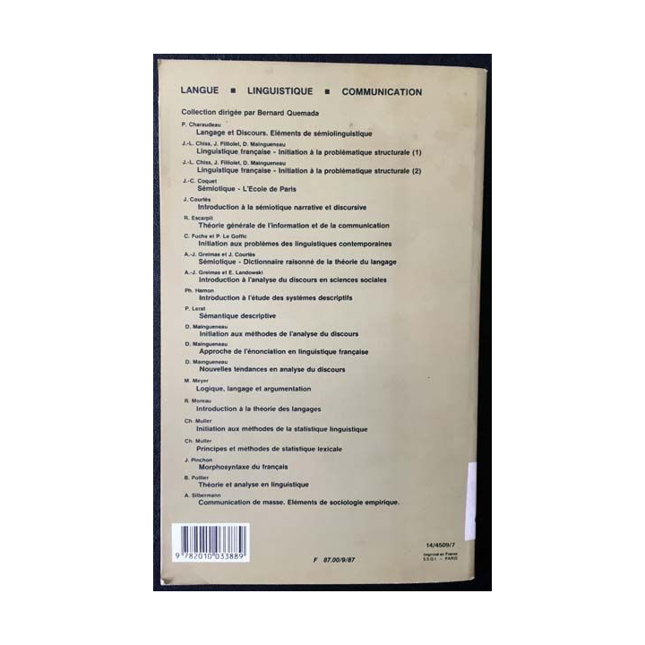 1. Linguistique française - Initiation à la problématique structurale Tome 1 de J.-L. Chiss, J. Filliolet et D. Maingueneau