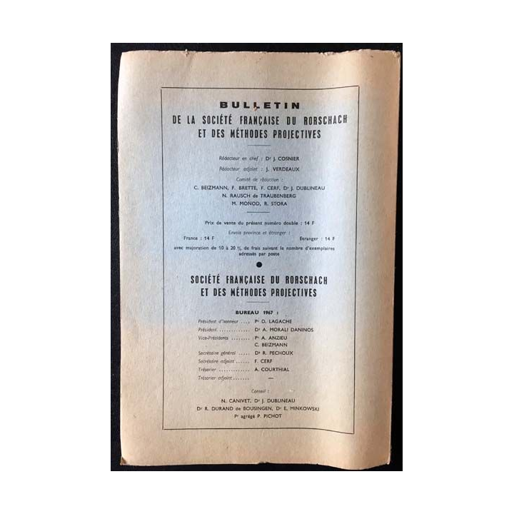 1. Bulletin de la société française du Rorschach et des méthodes projectives publié avec le concours du C.N.R.S