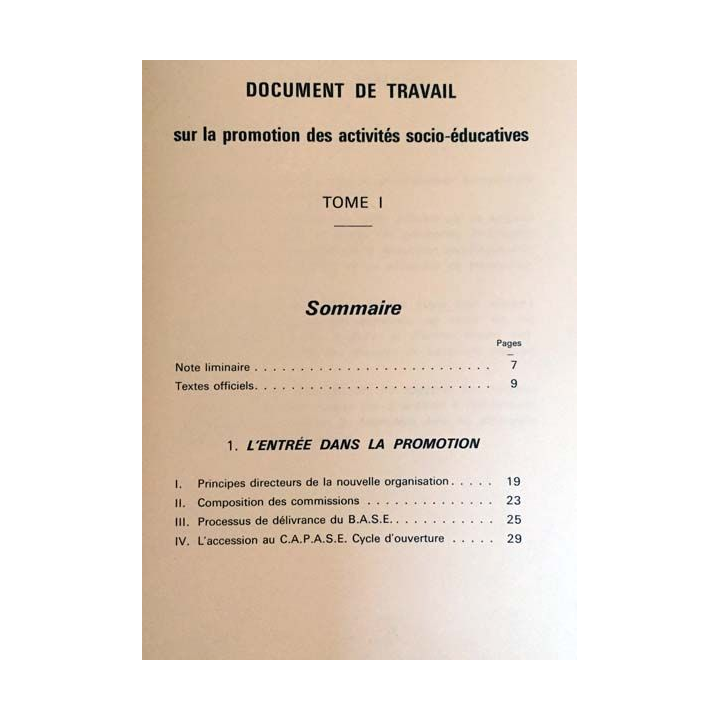 1. Document de travail sur la promotion des activités socio-éducatives Tome I