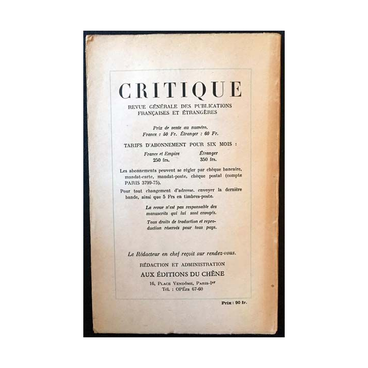 1. Critique n°3-4 Revue générale des publications françaises et étrangères Aout-Septembre 1946