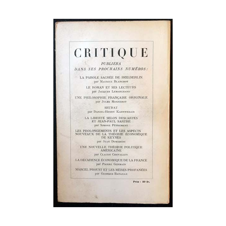 1. Critique n°6 Revue générale des publications françaises et étrangères Novembre 1946