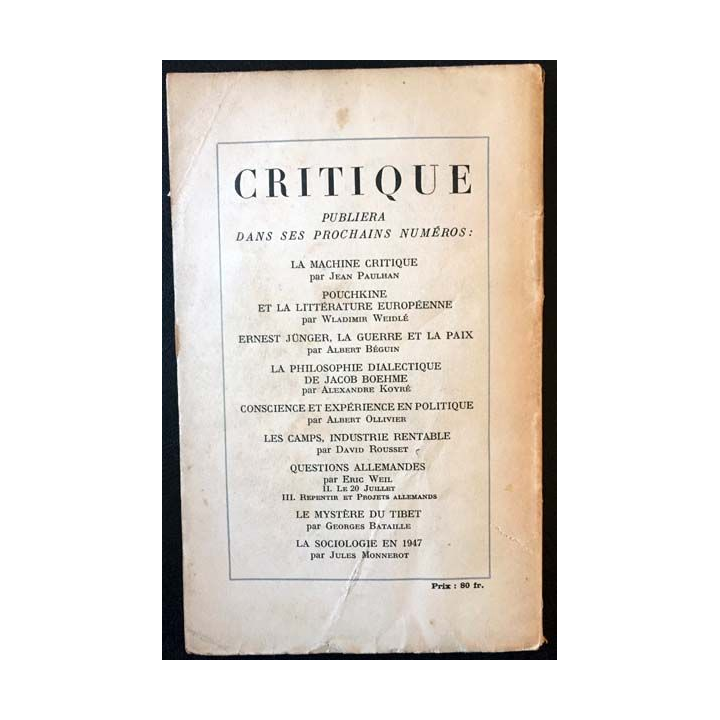1. Critique n°11 Revue générale des publications françaises et étrangères Avril 1947