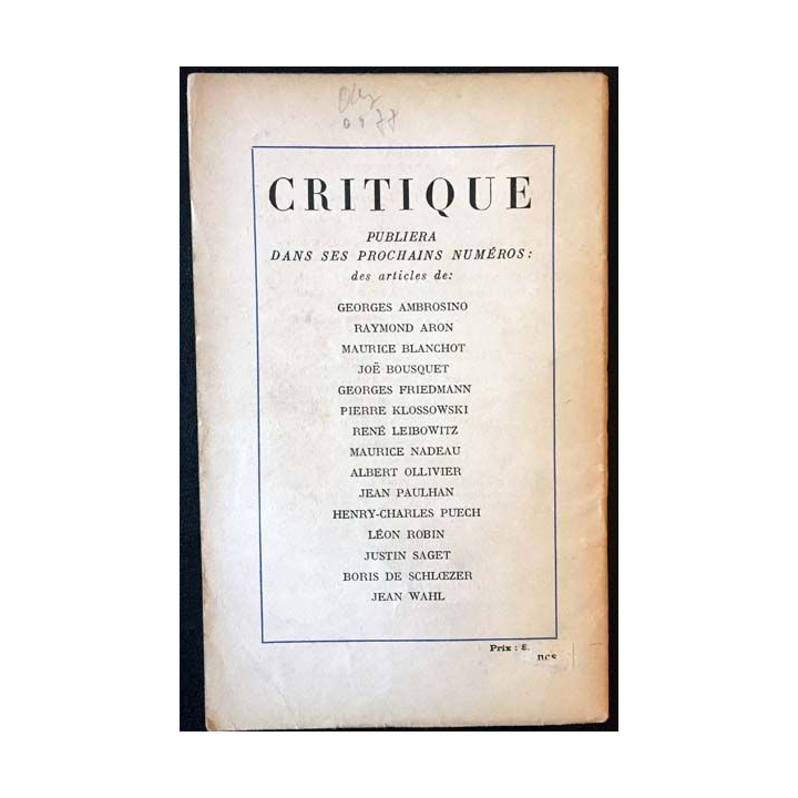 1. Critique n°13-14 Revue générale des publications françaises et étrangères Juin-Juillet 1947