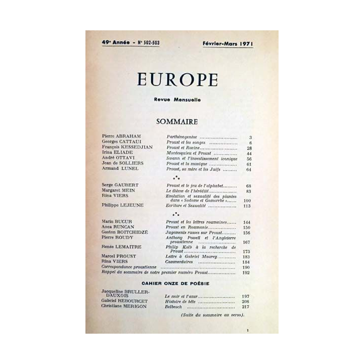 1. Europe Marcel Proust (Deux) révue mensuelle Février-Mars 1971 aux éditeurs Français réunis
