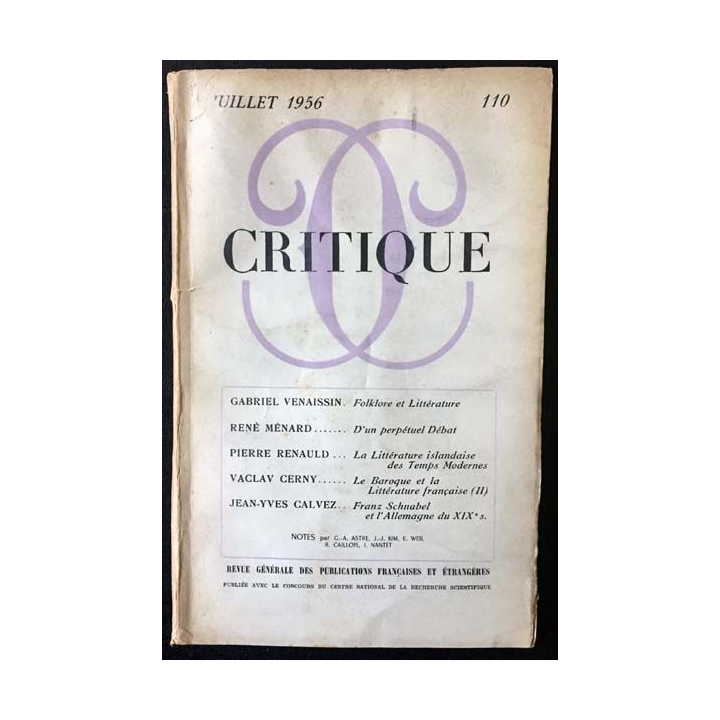 1. Critique n°110 Revue générale des publications françaises et étrangères Juillet 1956 aux éditions de Minuit
