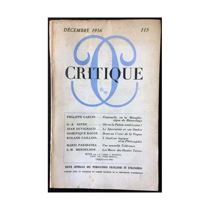 1. Critique n°115 Revue générale des publications françaises et étrangères Décembre 1956 aux éditions de Minuit