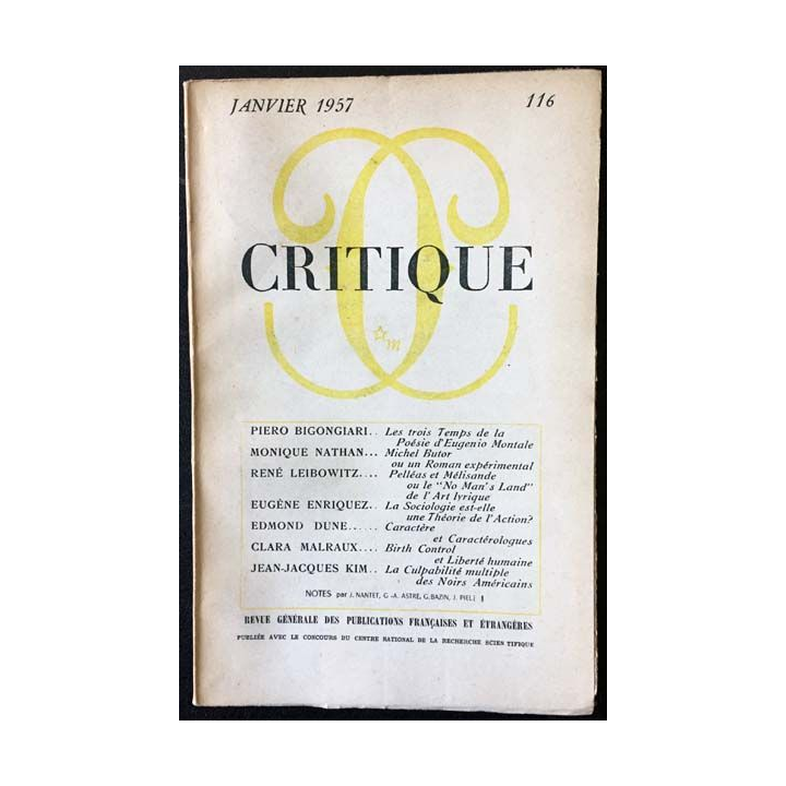 1. Critique n°116 Revue générale des publications françaises et étrangères Janvier 1957 aux éditions de Minuit