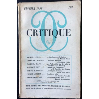 1. Critique n°129 Revue générale des publications françaises et étrangères Février 1958 aux éditions de Minuit