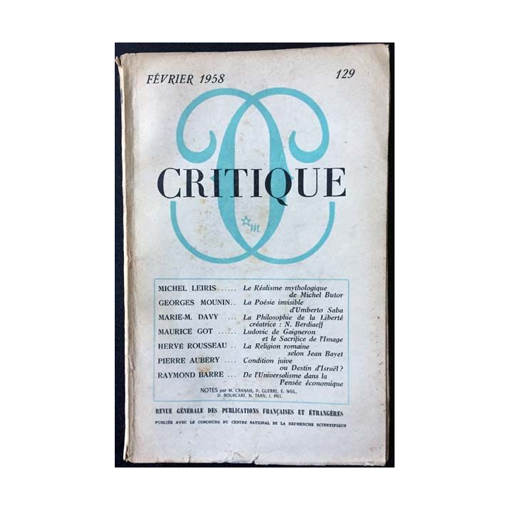 1. Critique n°129 Revue générale des publications françaises et étrangères Février 1958 aux éditions de Minuit