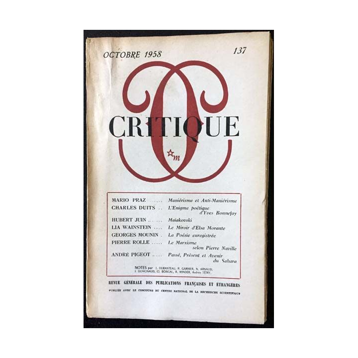 1. Critique n°137 Revue générale des publications françaises et étrangères Octobre 1958 aux éditions de Minuit