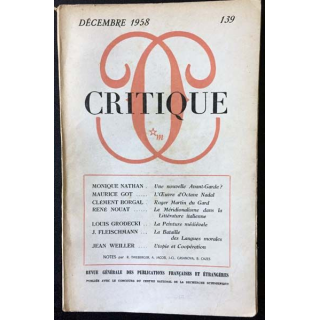 1. Critique n°139 Revue générale des publications françaises et étrangères Décembre 1958 aux éditions de Minuit