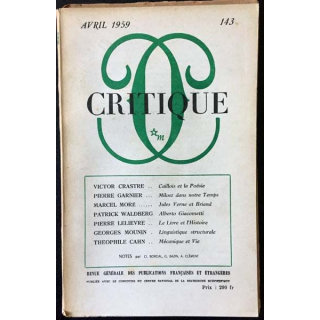 1. Critique n°143 Revue générale des publications françaises et étrangères Avril 1959 aux éditions de Minuit