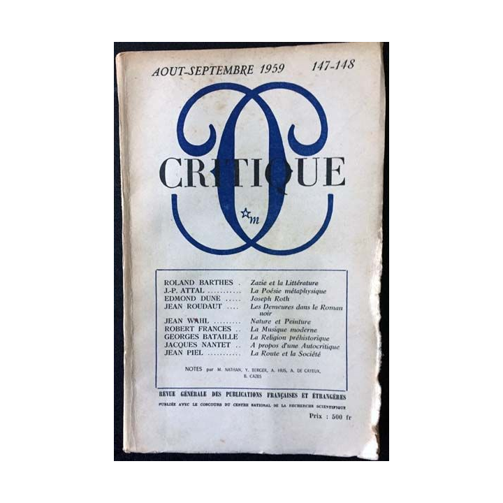 1. Critique n°147-148 Revue générale des publications françaises et étrangères Aout-Septembre 1959 Édition de Minuit