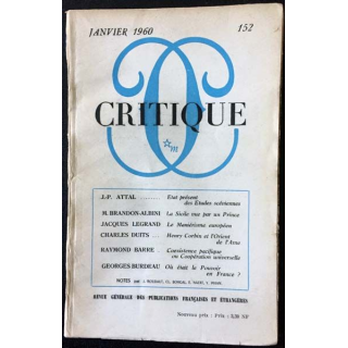1. Critique n°152 Revue générale des publications françaises et étrangères Janvier 1960 aux éditions de Minuit