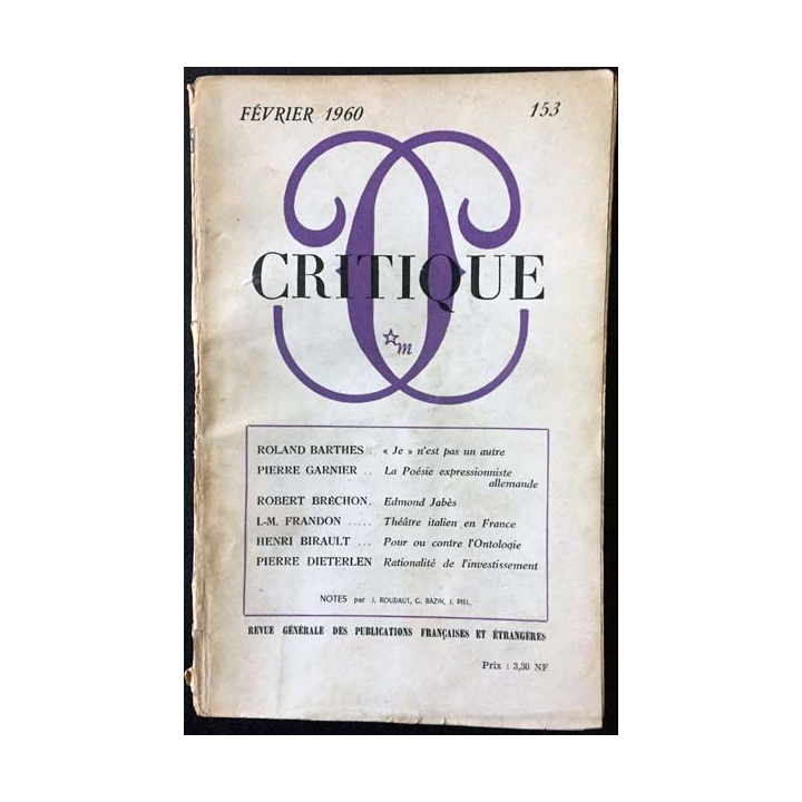 1. Critique n°153 Revue générale des publications françaises et étrangères Février 1960 aux éditions de Minuit