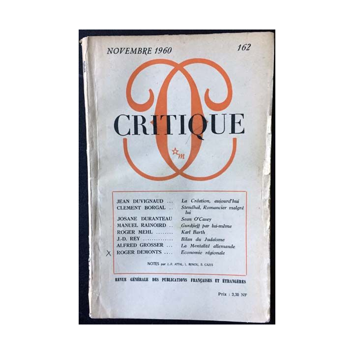 1. Critique n°162 Revue générale des publications françaises et étrangères Novembre 1960 aux éditions de Minuit