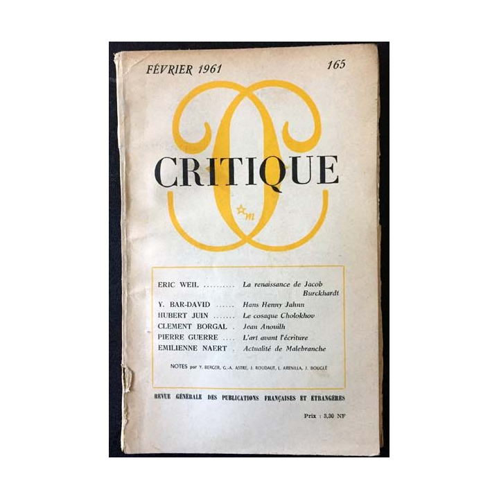 1. Critique n°165 Revue générale des publications françaises et étrangères Février 1961 aux éditions de Minuit