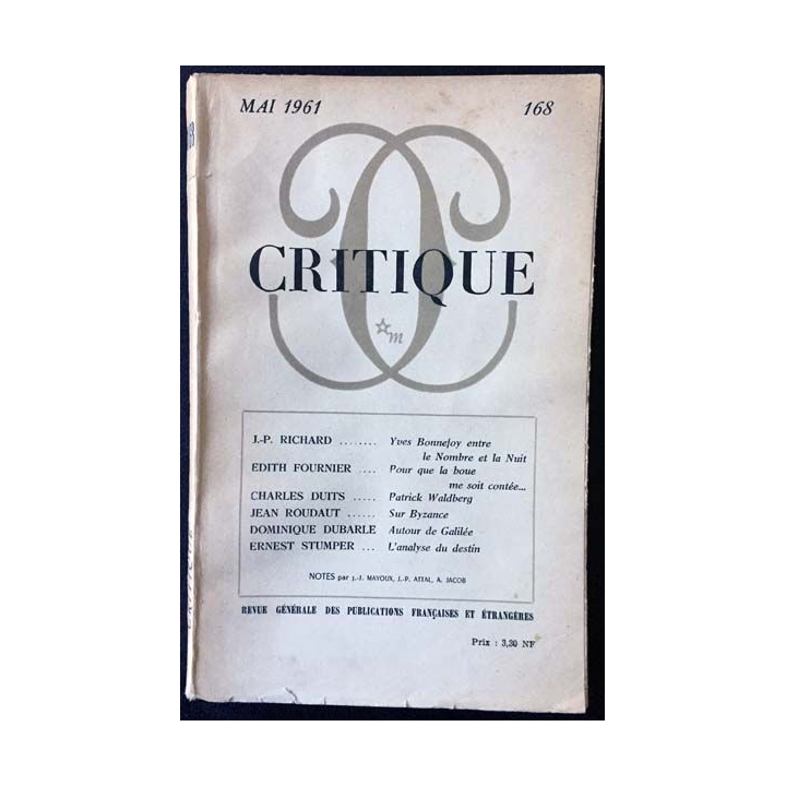 1. Critique n°168 Revue générale des publications françaises et étrangères Mai 1961 aux éditions de Minuit
