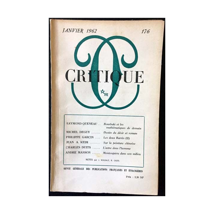 1. Critique n°176 Revue générale des publications françaises et étrangères Janvier 1962 aux éditions de Minuit