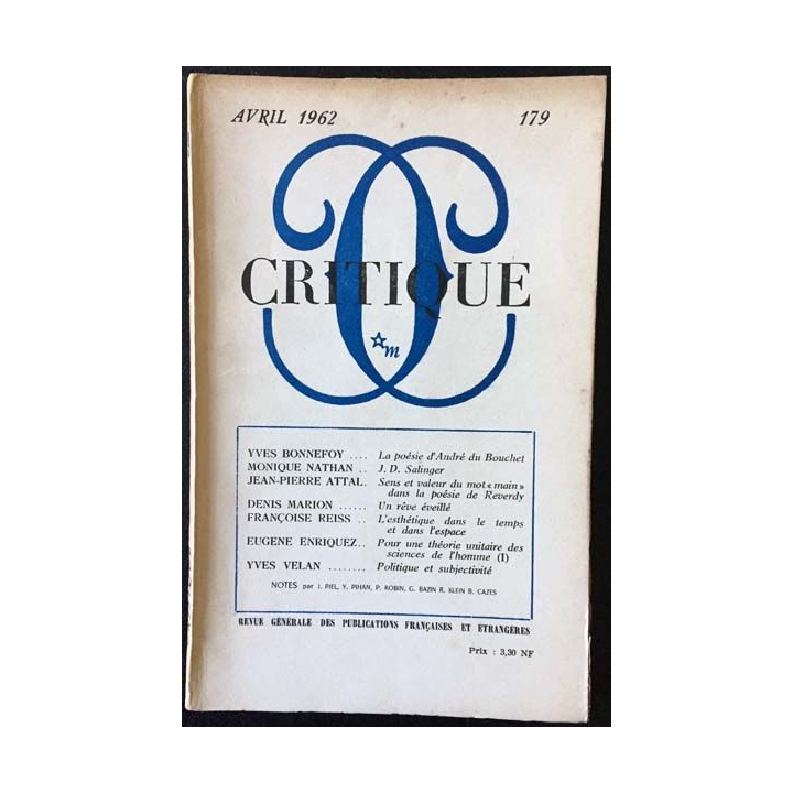 1. Critique n°179 Revue générale des publications françaises et étrangères Avril 1962 aux éditions de Minuit