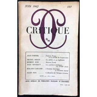 1. Critique n°181 Revue générale des publications françaises et étrangères Juin 1962 aux éditions de Minuit
