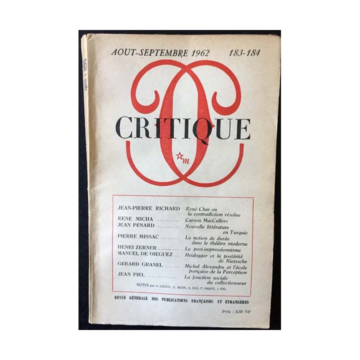 1. Critique n°183-184 Revue générale des publications françaises et étrangères Aout-Septembre 1962