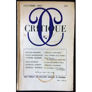 1. Critique n°185 Revue générale des publications françaises et étrangères Octobre 1962 aux éditions de Minuit