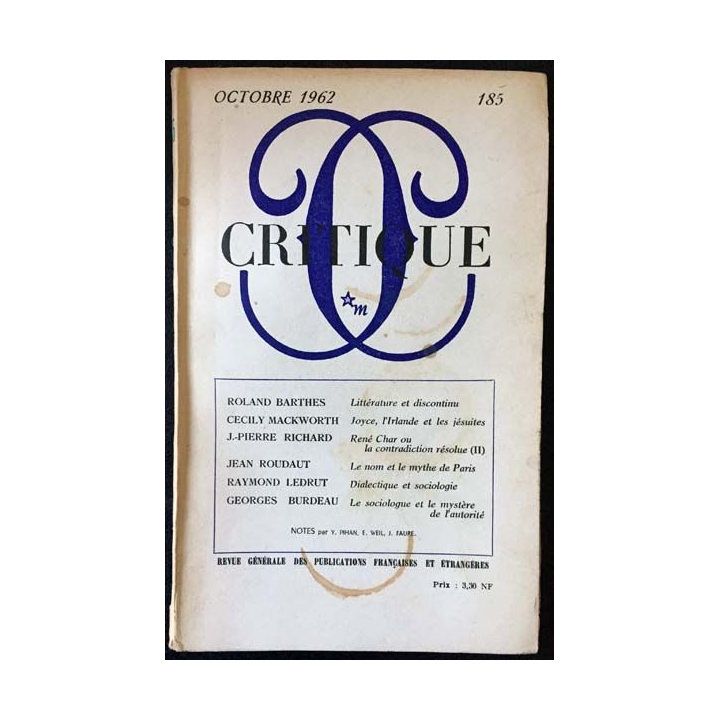 1. Critique n°185 Revue générale des publications françaises et étrangères Octobre 1962 aux éditions de Minuit