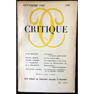1. Critique n°186 Revue générale des publications françaises et étrangères Novembre 1962 aux éditions de Minuit