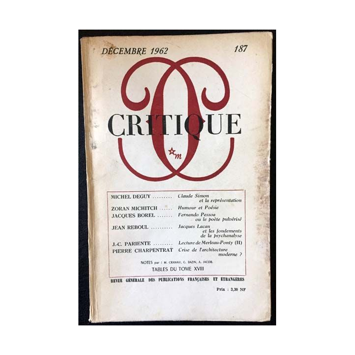 1. Critique n°187 Revue générale des publications françaises et étrangères Décembre 1962 aux éditions de Minuit