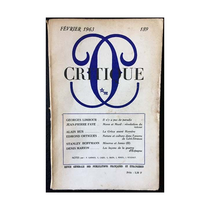 1. Critique n°189 Revue générale des publications françaises et étrangères Février 1963 aux éditions de Minuit